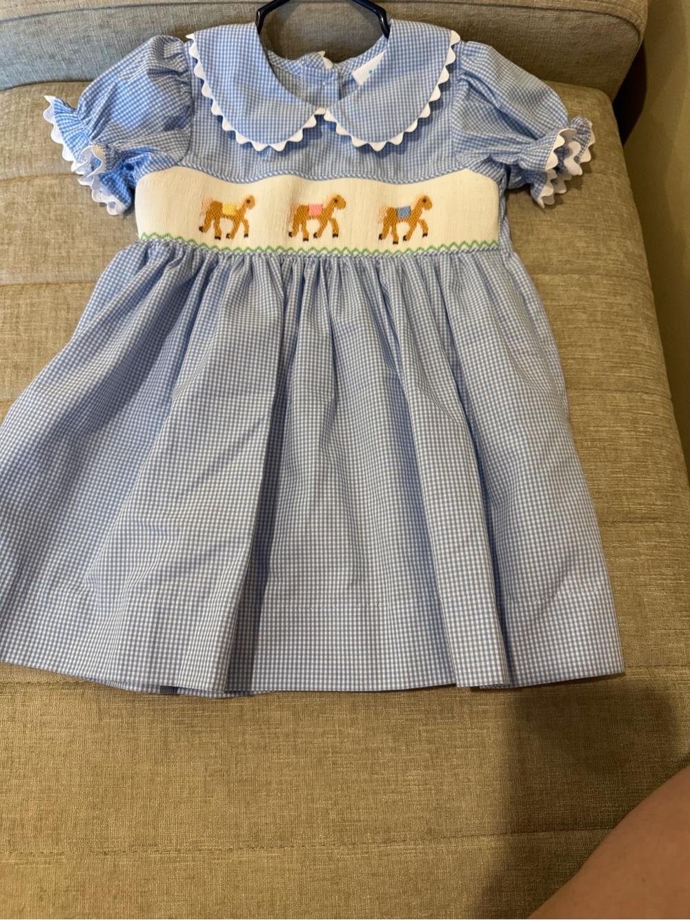 Blue Gingham Smocked Pony Short Sleeve Dress for Girls